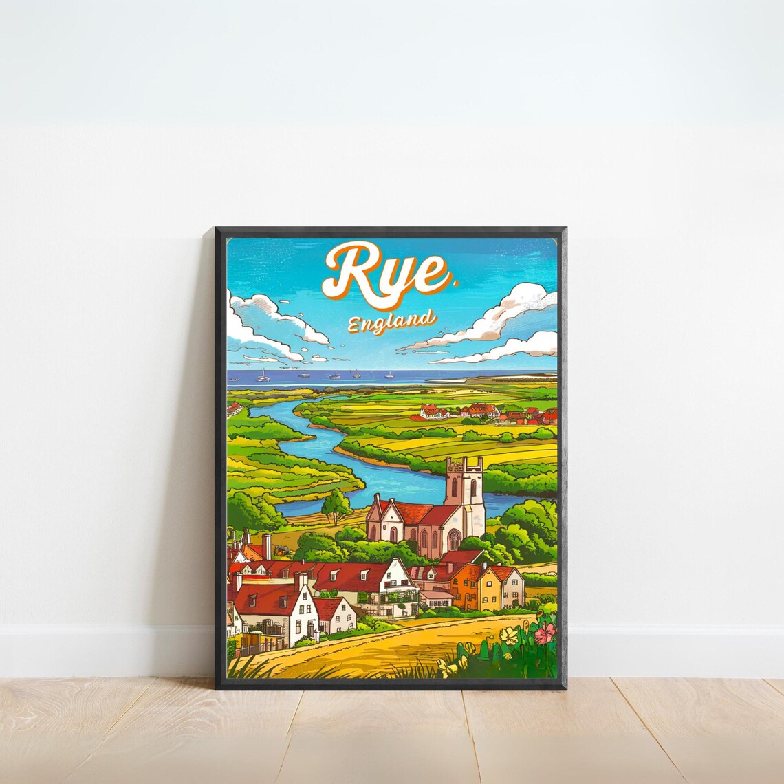 Rye England Vintage Travel Poster Riverside Church Village Countryside