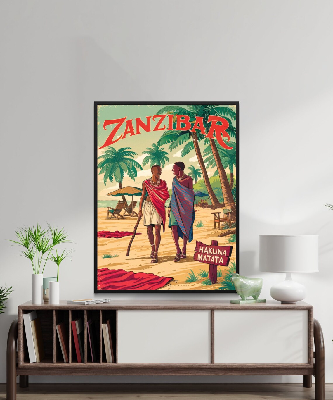 Zanzibar Tanzania Vintage Beach with Maasai Hakuna Matata Sign Poster - Image 3