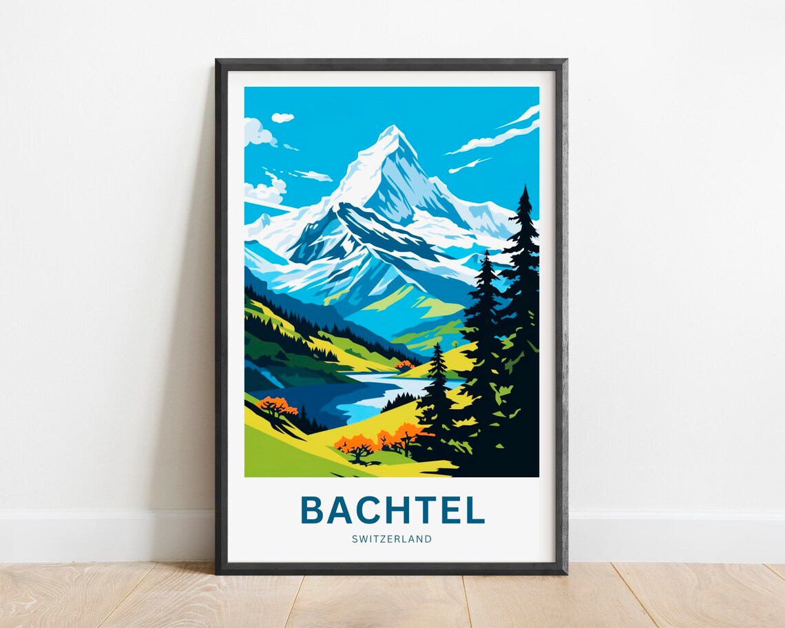 Bachtel Switzerland Snowy Summit Alpine Lake Scene Travel Poster