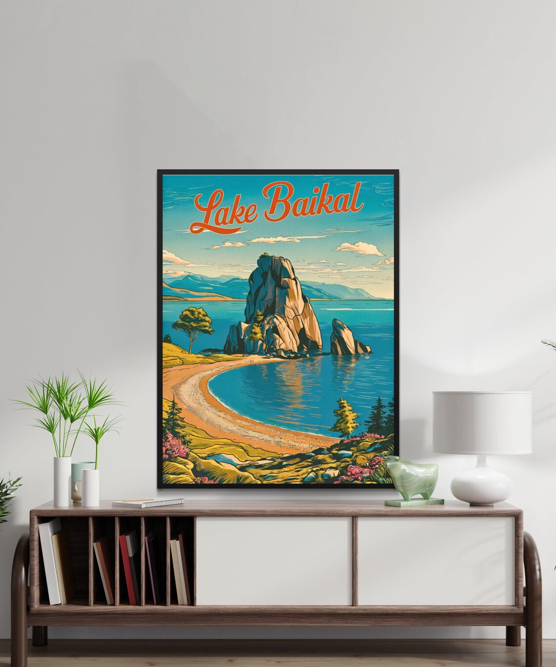 Lake Baikal Vintage Poster with Rocky Island in Blue Bay Art - Image 4