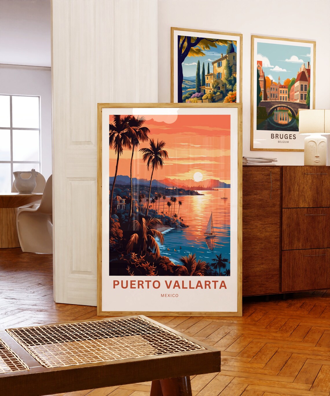 Puerto Vallarta Mexico Travel Poster Sunset Beach Palms Sailboat Scene - Image 5