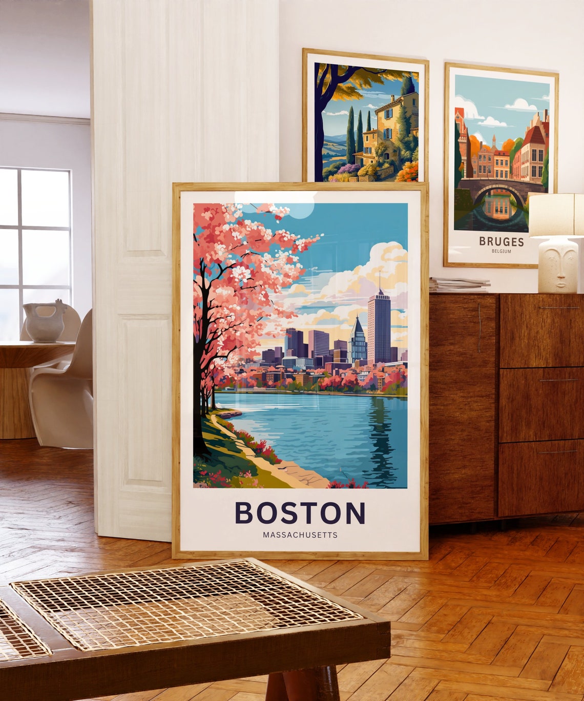 Boston Massachusetts Spring Cherry Blossom Skyline Travel Poster - Image 5