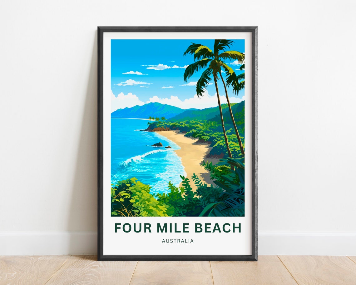 Four Mile Beach Australia Tropical Bay Palms Vintage Travel Poster