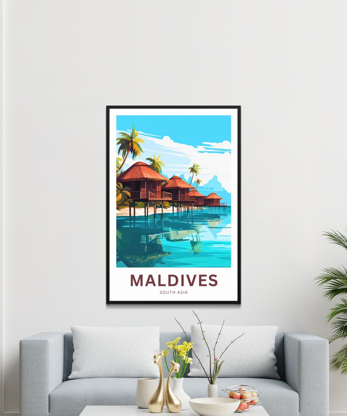 Maldives Thatched Bungalow Row Over Turquoise Water Travel Poster - Image 3