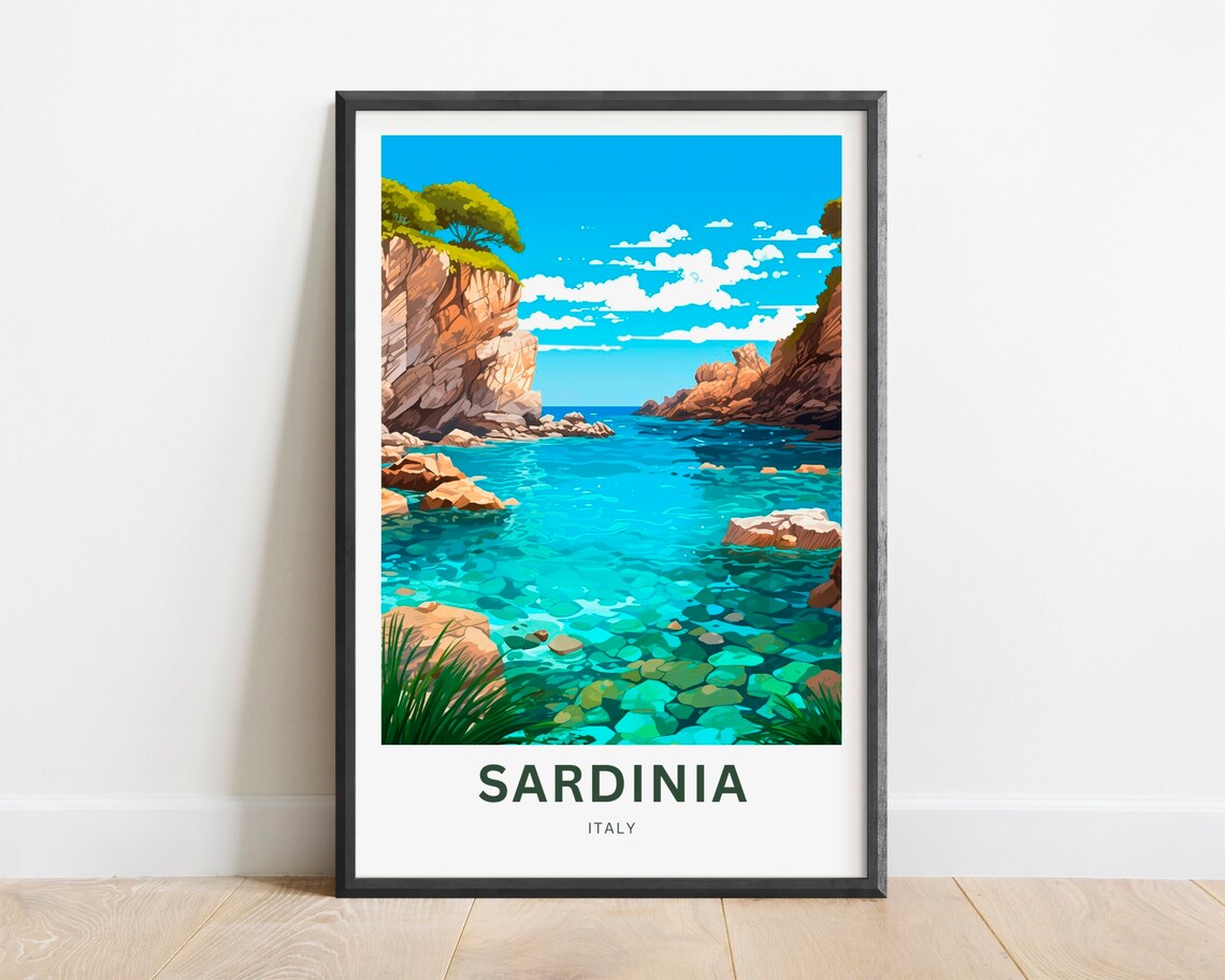 Sardinia Italy Turquoise Cove Between Rocky Cliffs Travel Poster