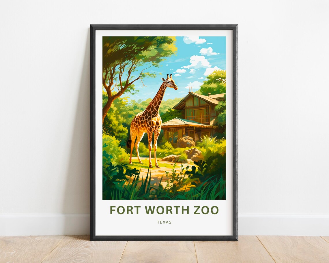 Fort Worth Zoo Texas Giraffe Wildlife Garden Vintage Travel Poster