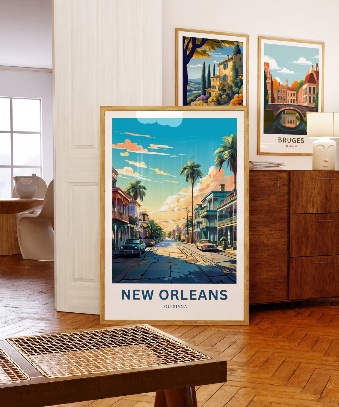 New Orleans Louisiana Palm Tree Street Vintage Cars Sunset Poster - Image 5