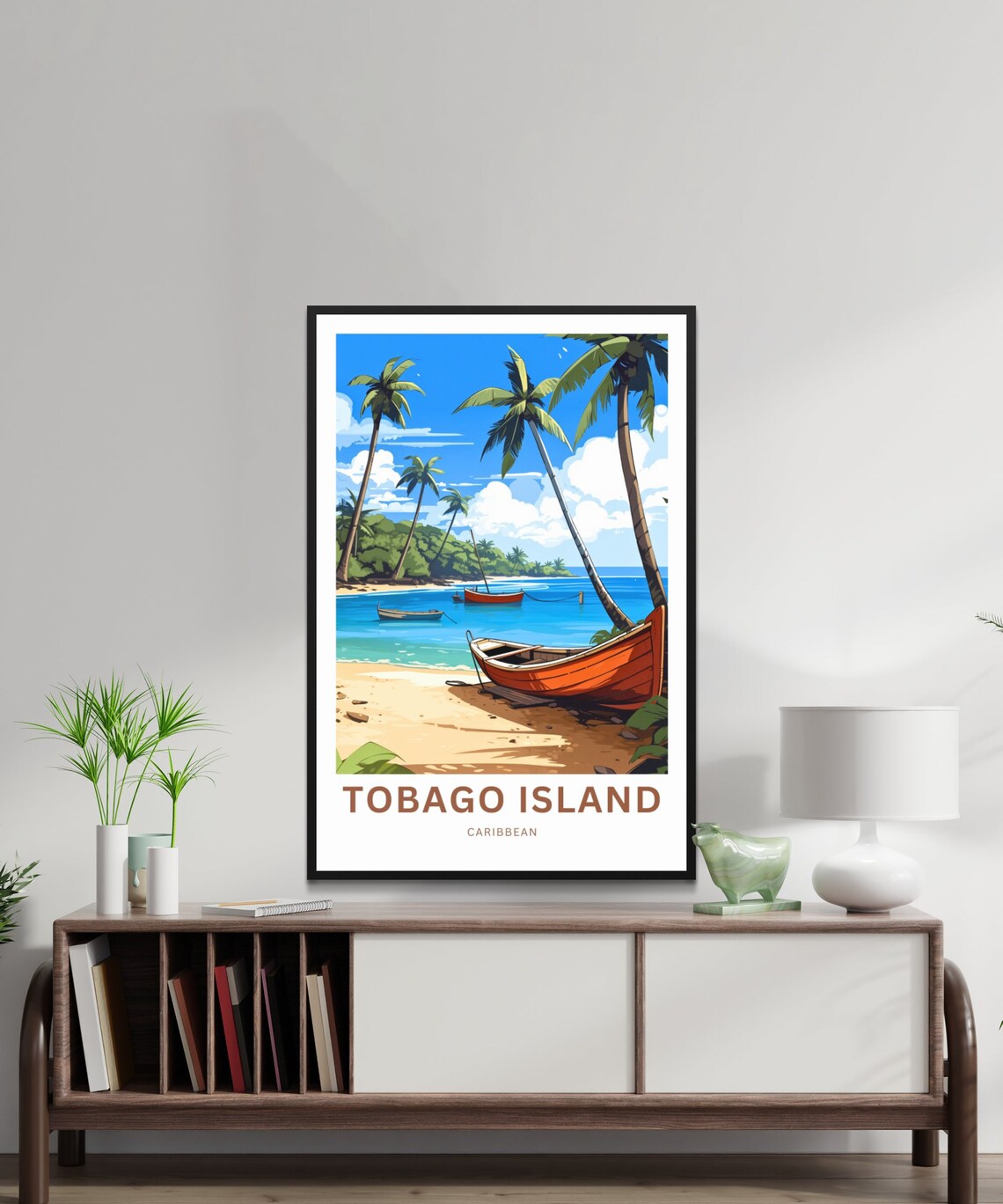 Tobago Island Caribbean Beach Orange Rowboat Tropical Travel Poster - Image 2