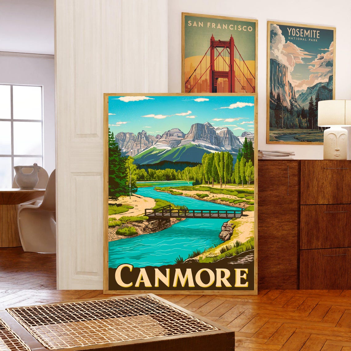Canmore Canada Vintage Mountain River Poster Rocky Peaks Bridge Scene - Image 5