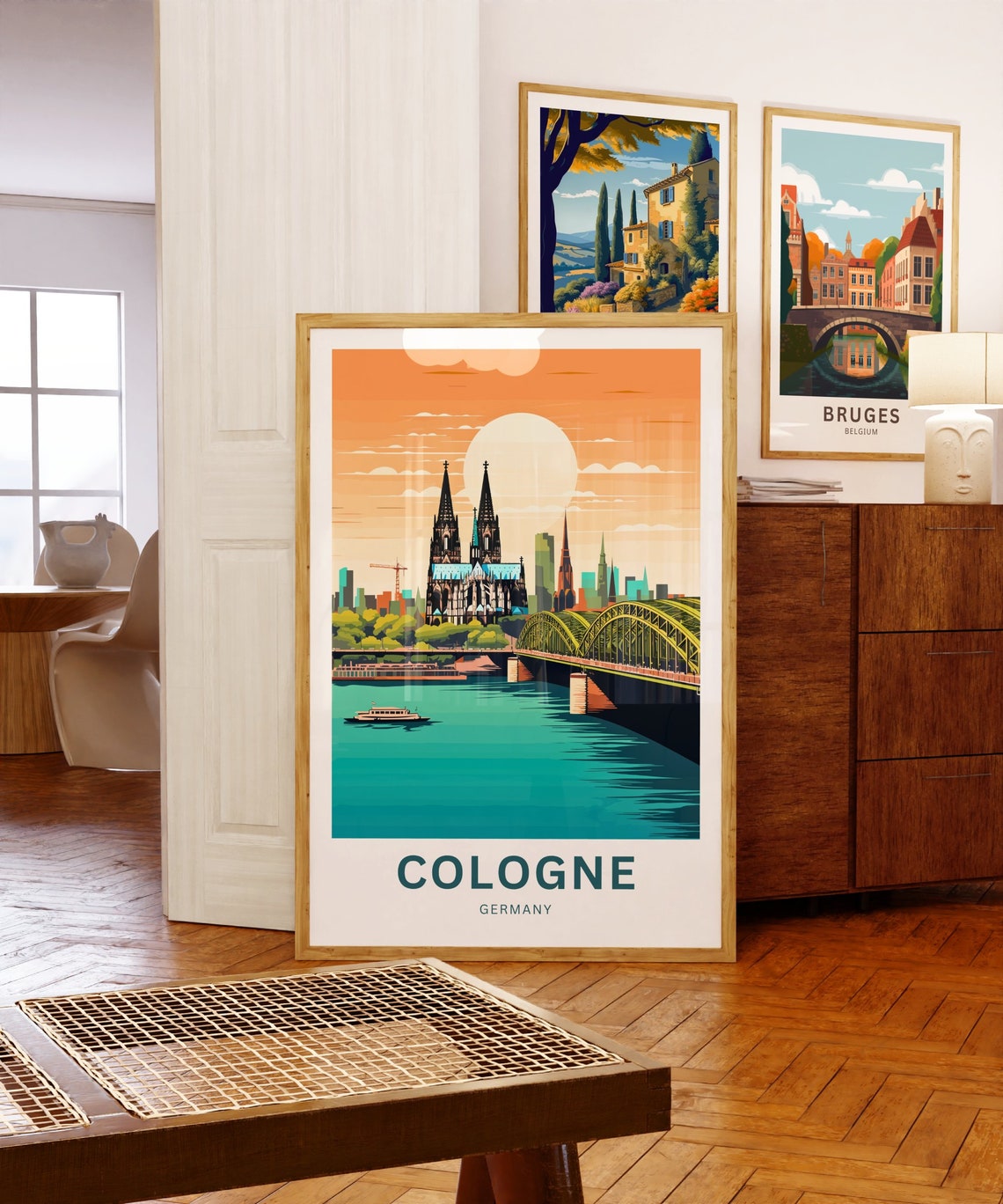 Personalized Cologne Germany Cathedral Sunset with River Boat Poster - Image 5