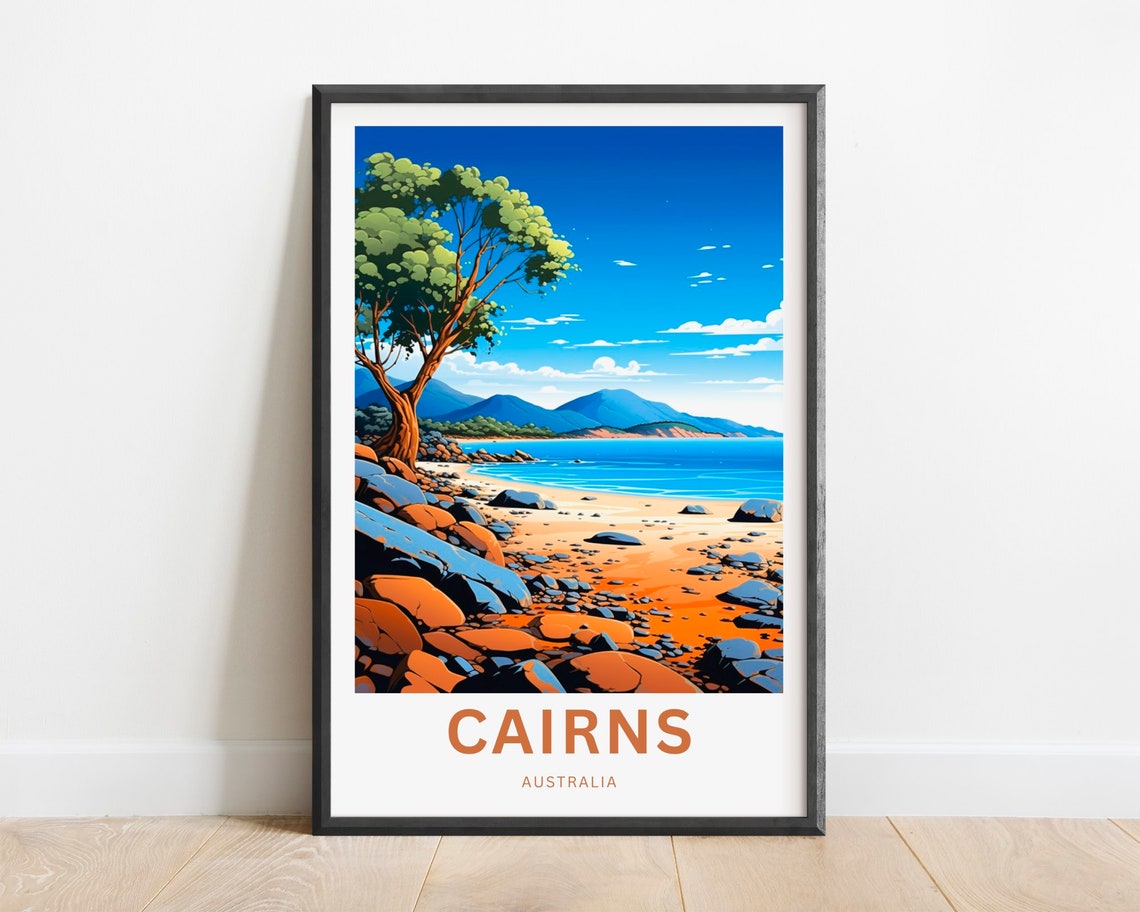 Cairns Australia Rocky Orange Beach Gum Tree Coastal Travel Poster