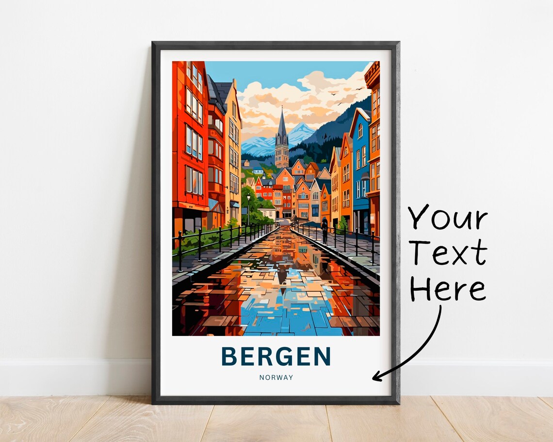Personalized Bergen Norway Rainy Cobblestone Street Scene Poster