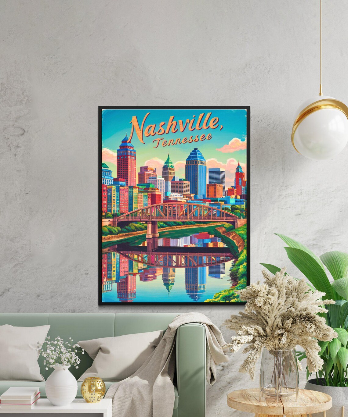 Nashville Tennessee Vintage Skyline Bridge Reflection Travel Poster - Image 2