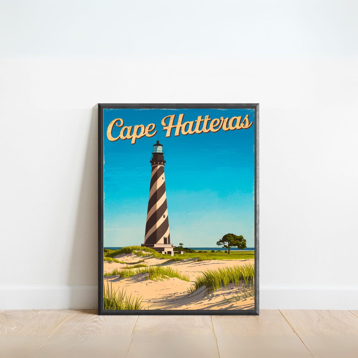 Cape Hatteras Vintage Retro Script Dunes Lighthouse Travel Wall Poster