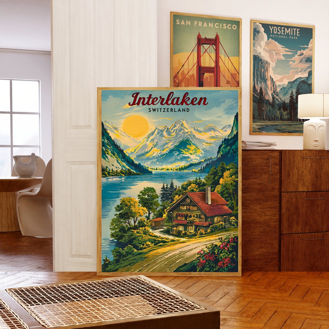 Interlaken Switzerland Mountain Lake Cabin Sunrise Travel Poster - Image 5