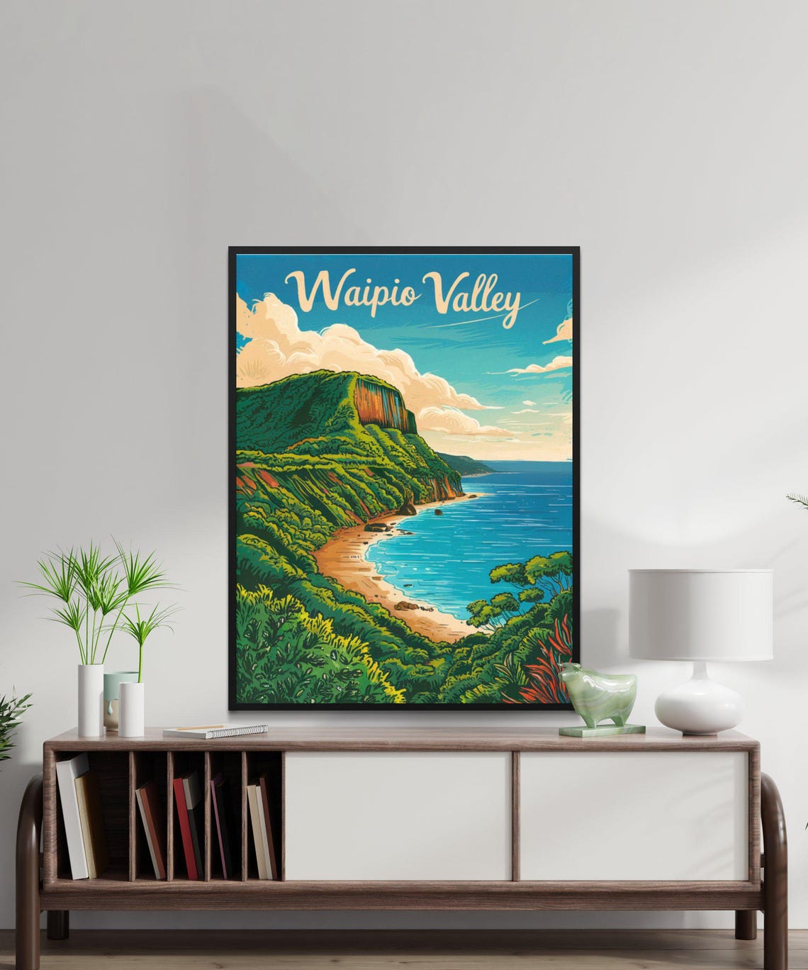 Waipio Valley Vintage Script Green Cliffs Beach Hawaii Travel Poster - Image 3