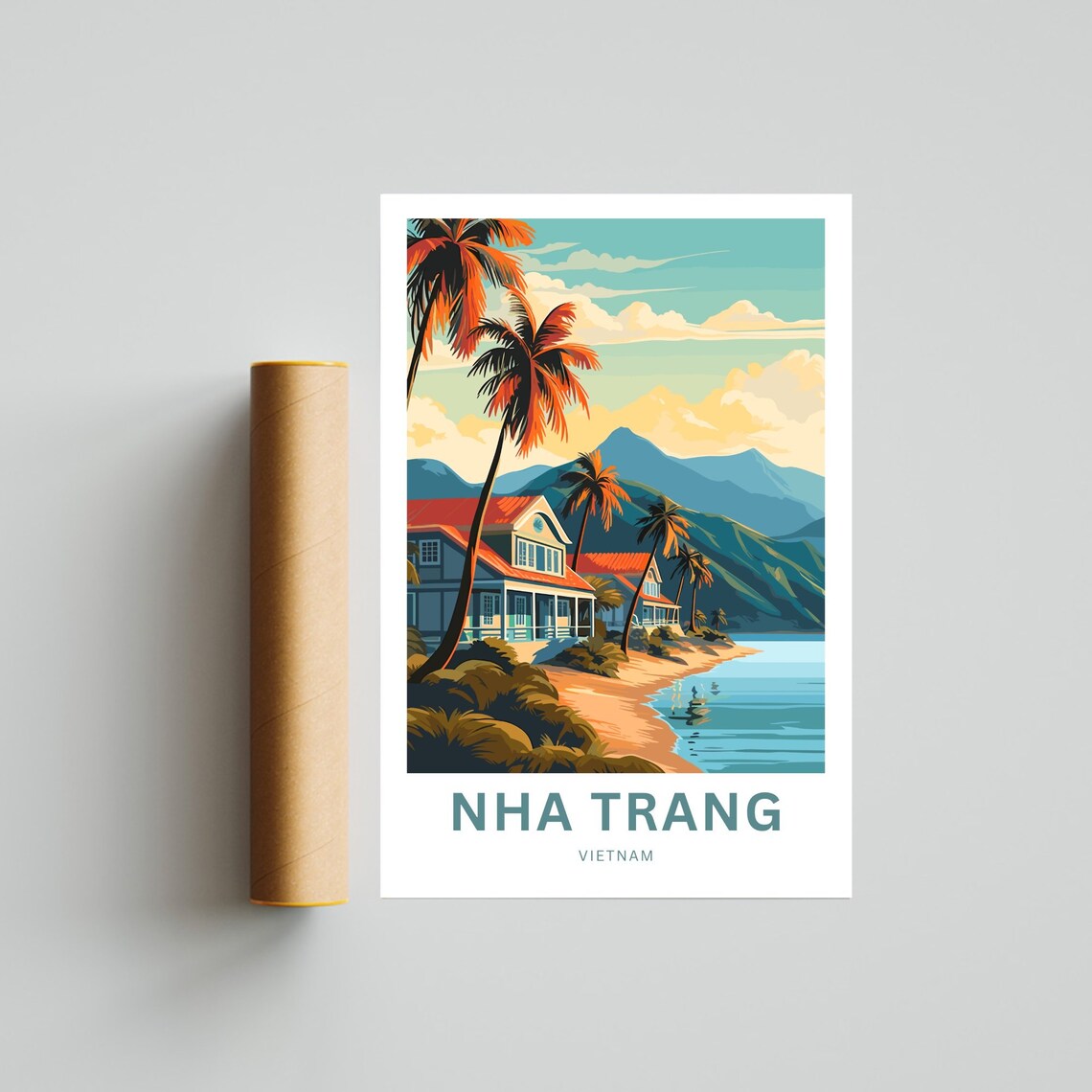 Nha Trang Vietnam Tropical Beach Villas and Palm Trees Travel Poster - Image 4