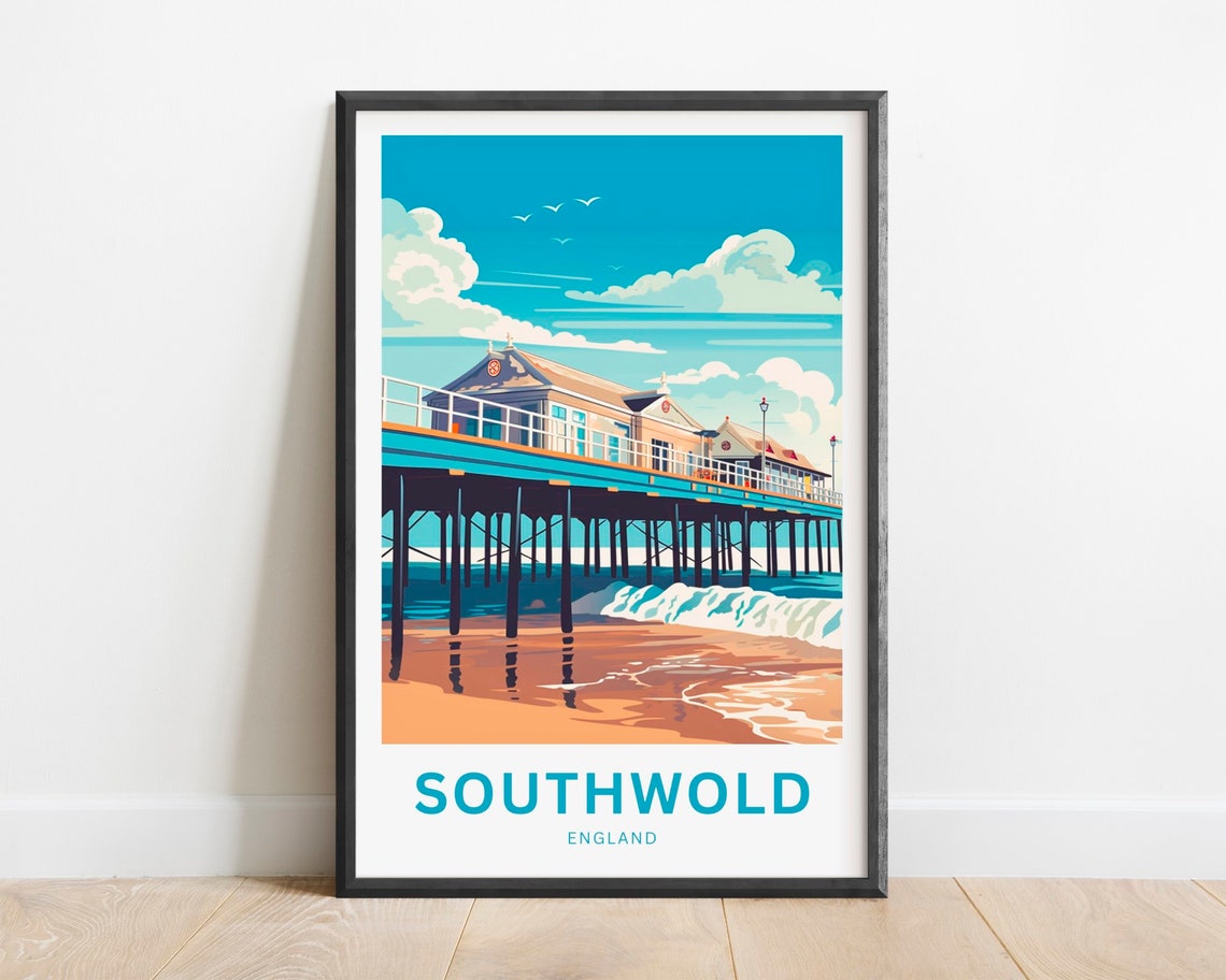 Southwold England Travel Poster Historic Pier Over Beach Waves