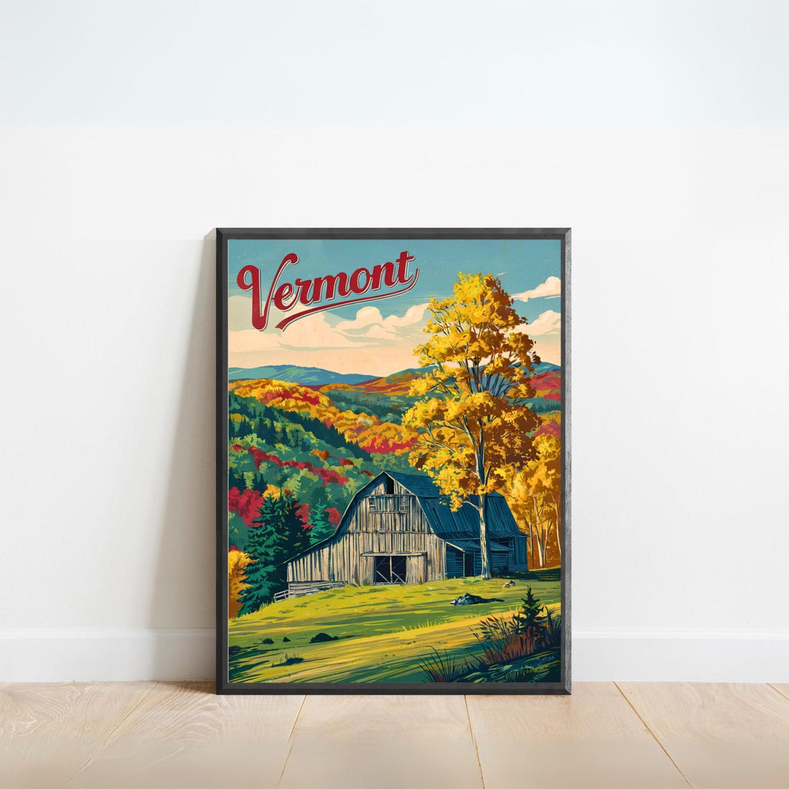 Vermont Fall Foliage Gray Barn Hillside Vintage Travel Poster