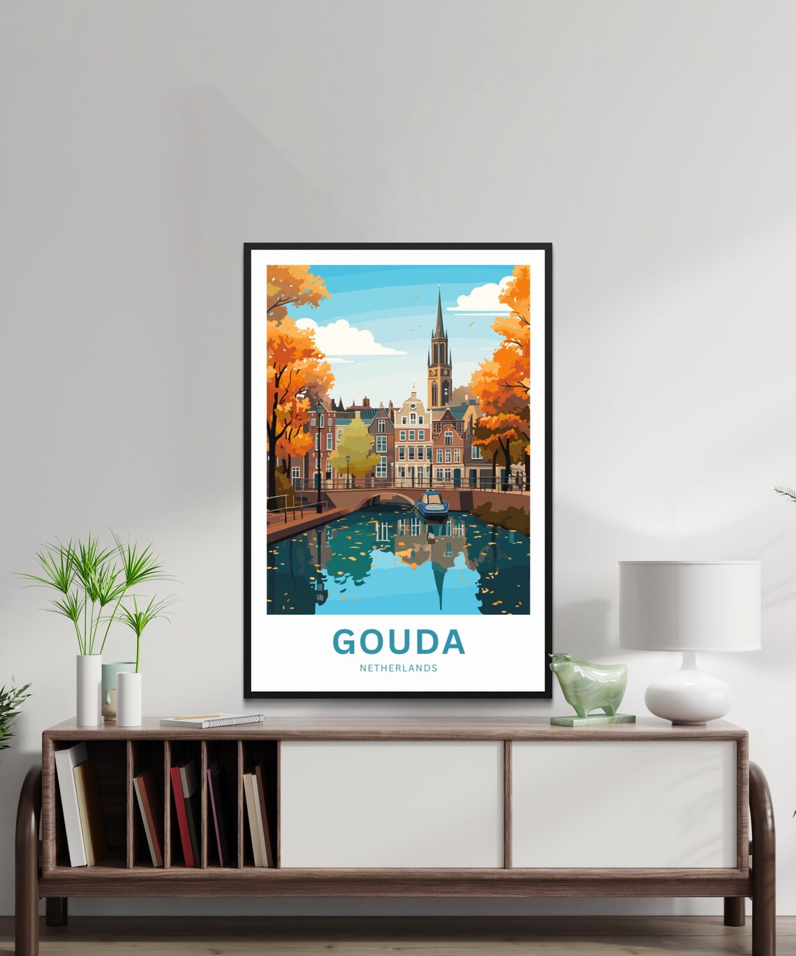 Personalized Gouda Netherlands Autumn Canal Church Tower Poster - Image 2