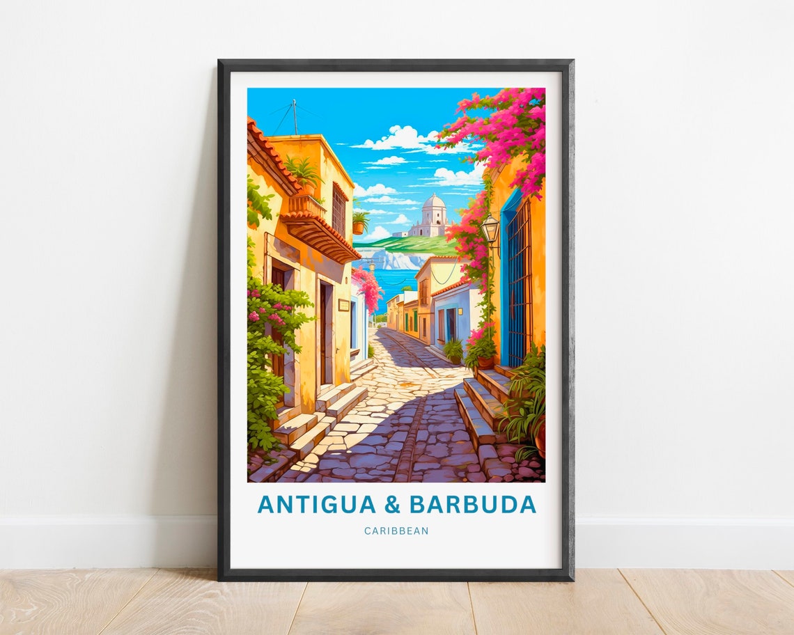 Antigua & Barbuda Caribbean Hillside Town Cobbled Street Poster
