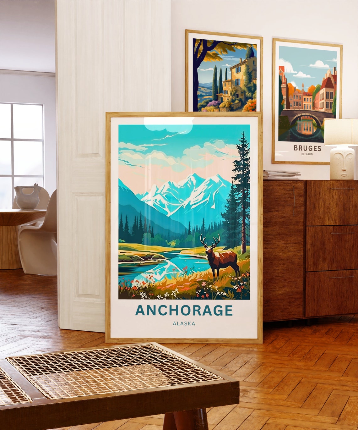 Anchorage Alaska Elk Mountain Lake Scenic Retro Travel Poster - Image 5