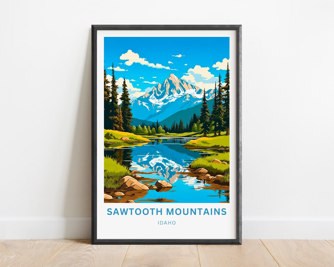 Sawtooth Mountains Idaho Alpine Lake Reflection Travel Poster