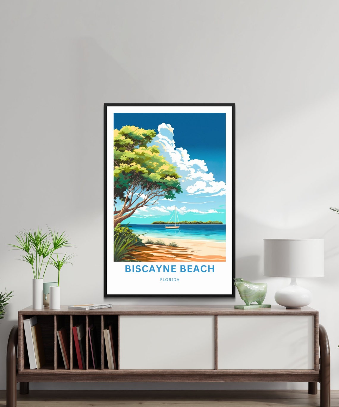 Biscayne Beach Florida Vintage Travel Poster Tropical Sailboat Art - Image 2