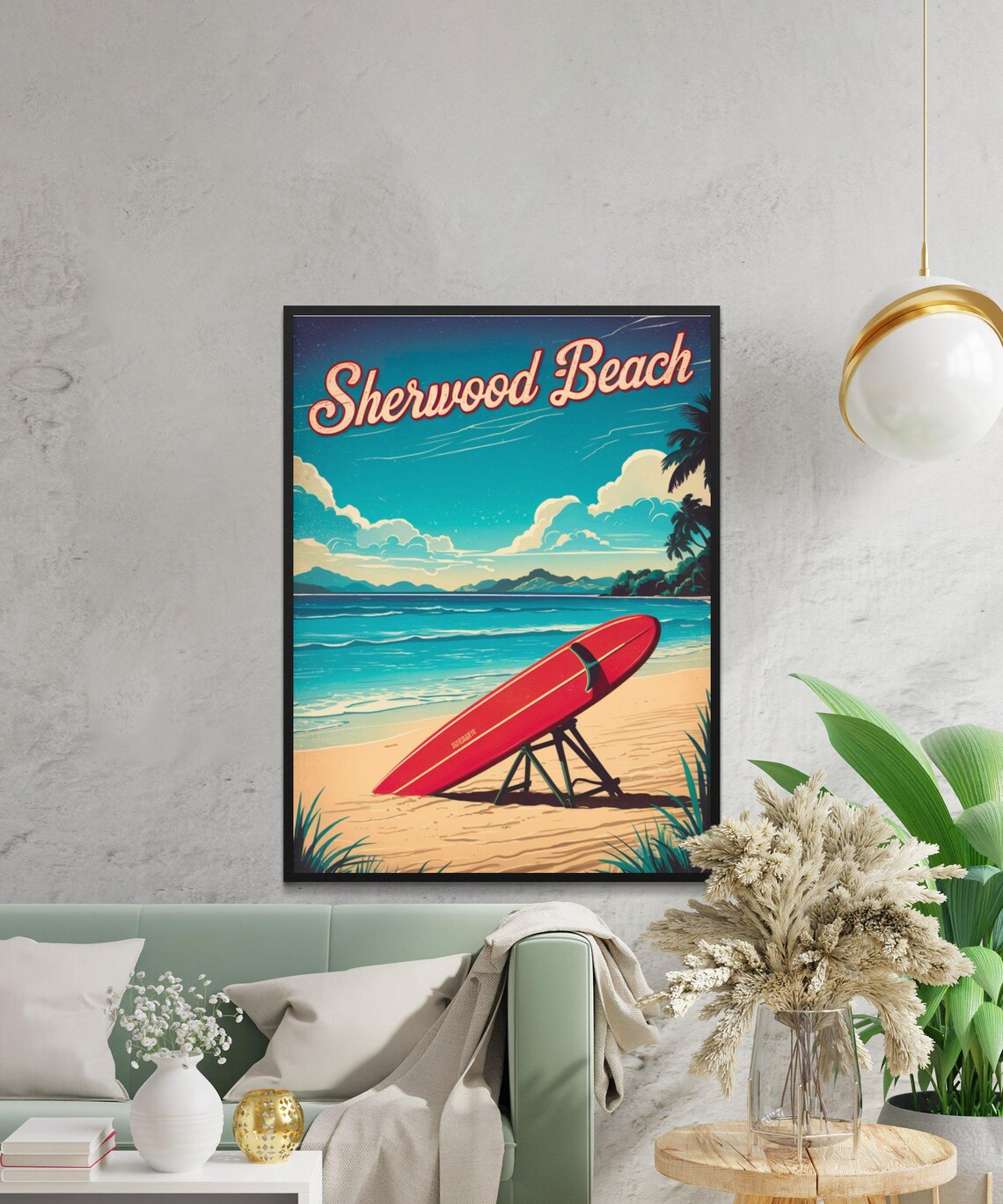 Sherwood Beach Surfboard Retro Vintage Coastal Scene Travel Poster - Image 2