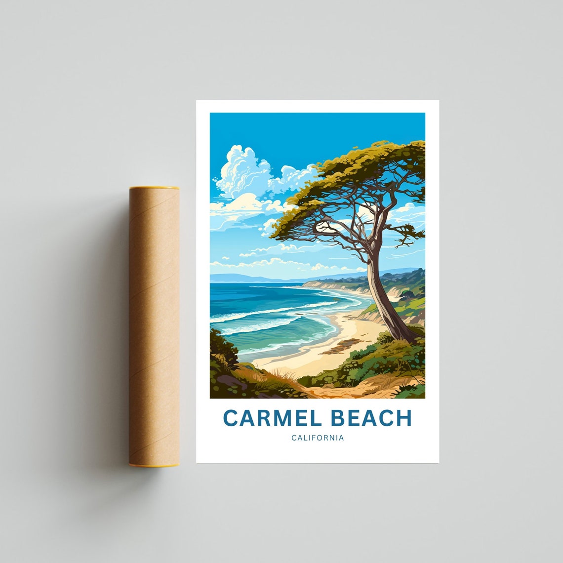 Carmel Beach California Curved Bay Shoreline Cypress Tree Poster - Image 4