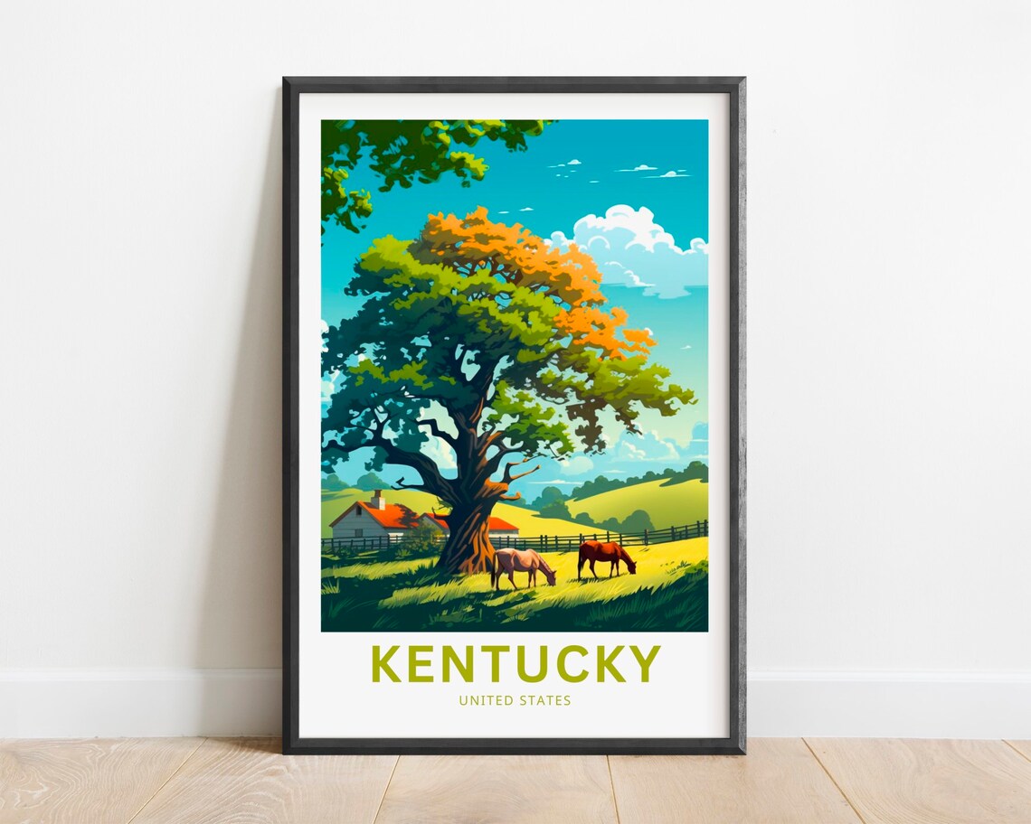 Kentucky Horse Farm with Grand Oak Tree Pasture Scene Travel Poster