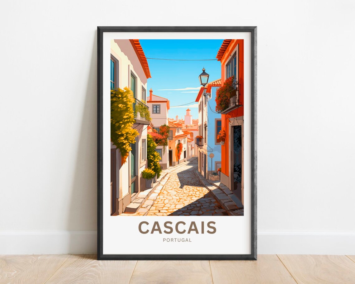 Cascais Portugal Sunny Cobblestone Old Town Street Travel Poster