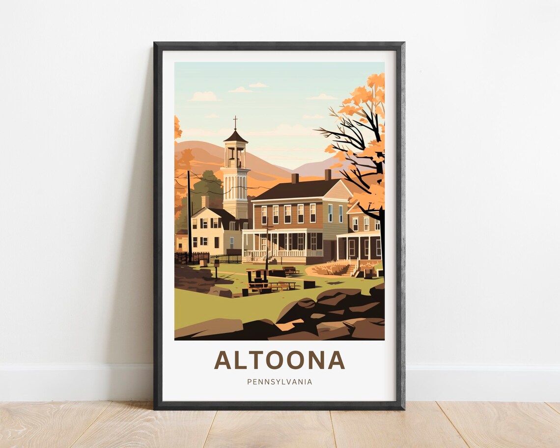 Altoona Pennsylvania Autumn Small Town Church Steeple Travel Poster