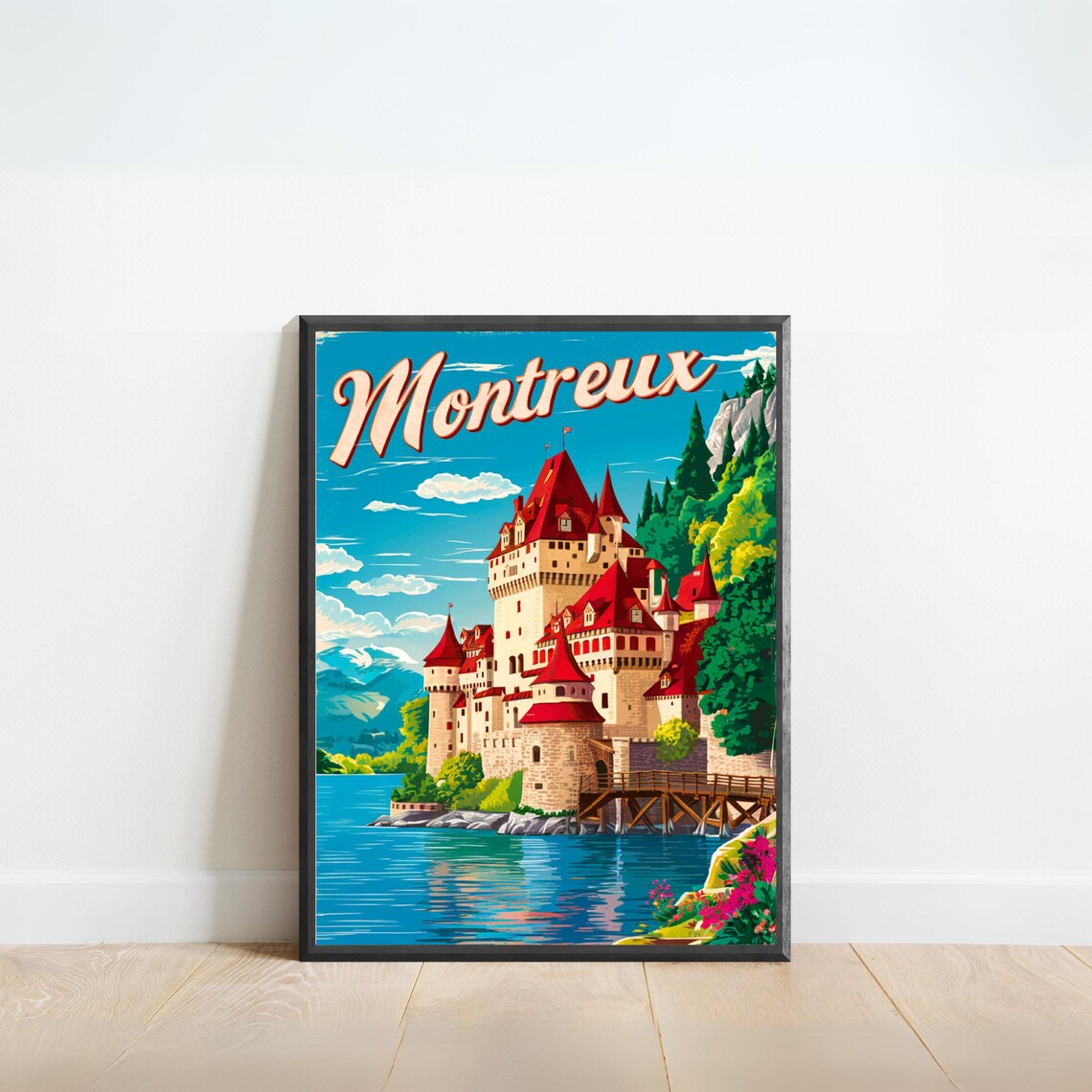 Montreux Switzerland Chillon Castle Lake Vintage Travel Poster
