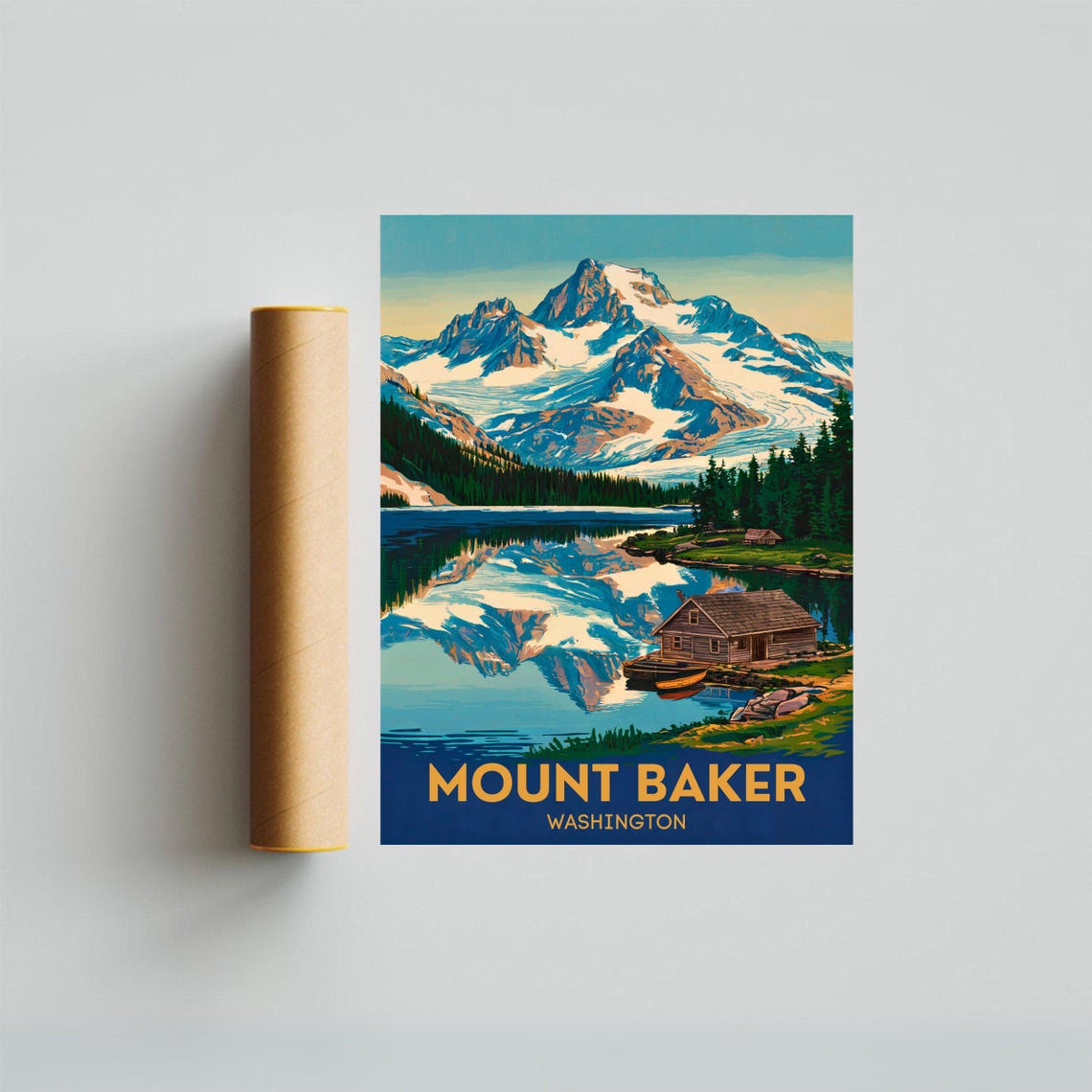 Mount Baker Washington Alpine Lake Reflection Cabin Travel Poster - Image 3