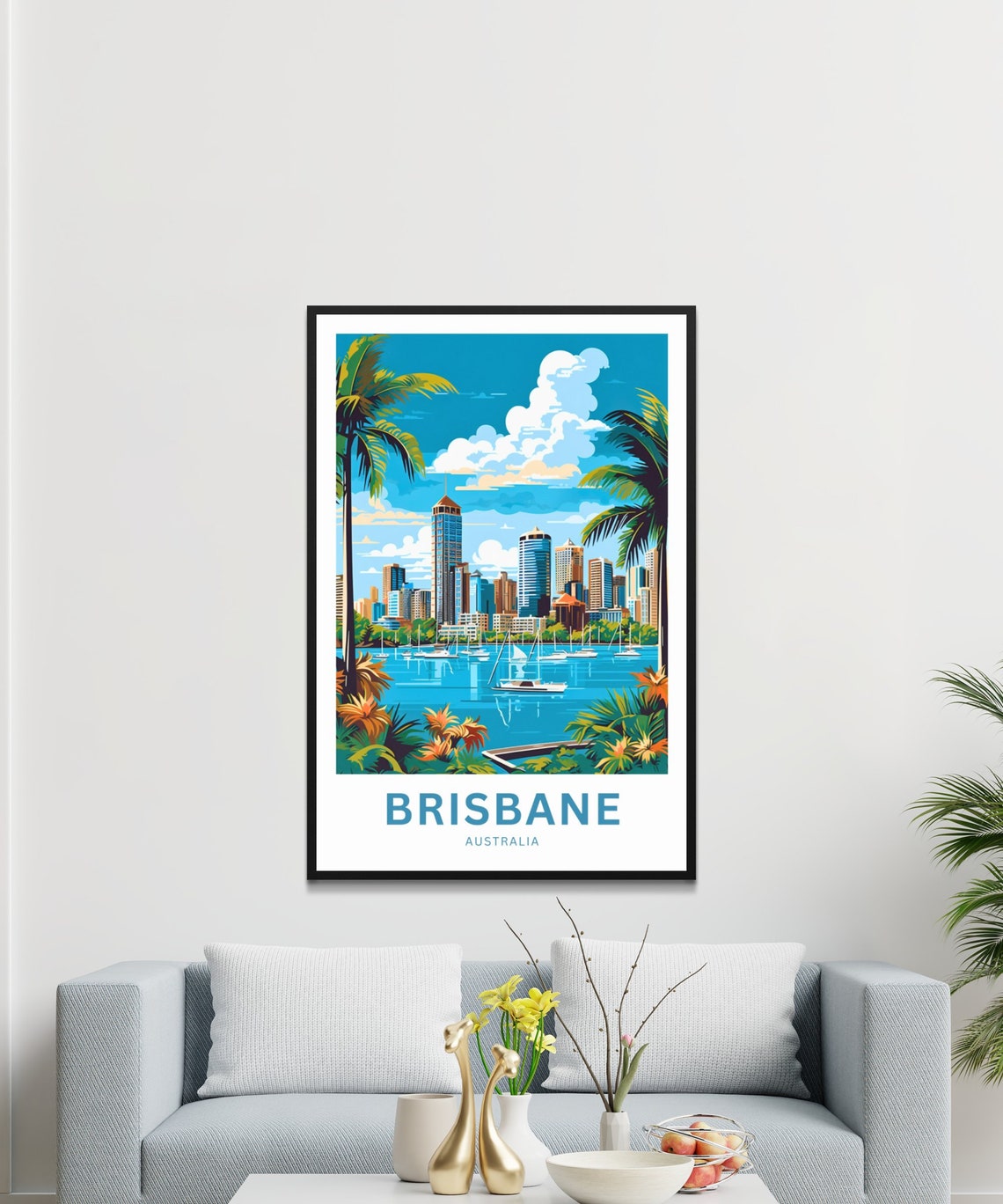 Personalized Brisbane Australia Palm Framed Skyline Vintage Poster - Image 3