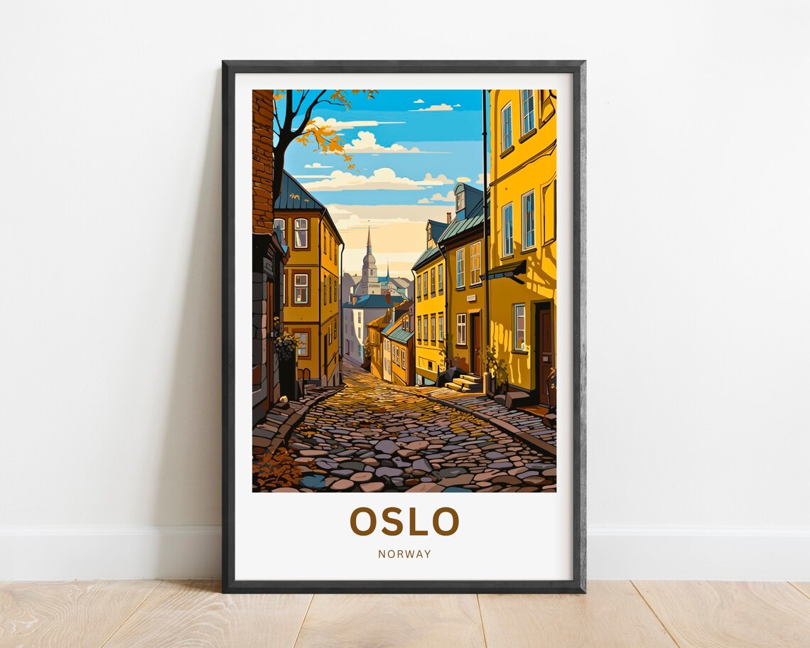 Oslo Norway Yellow Old Town Street Church Spire Travel Poster