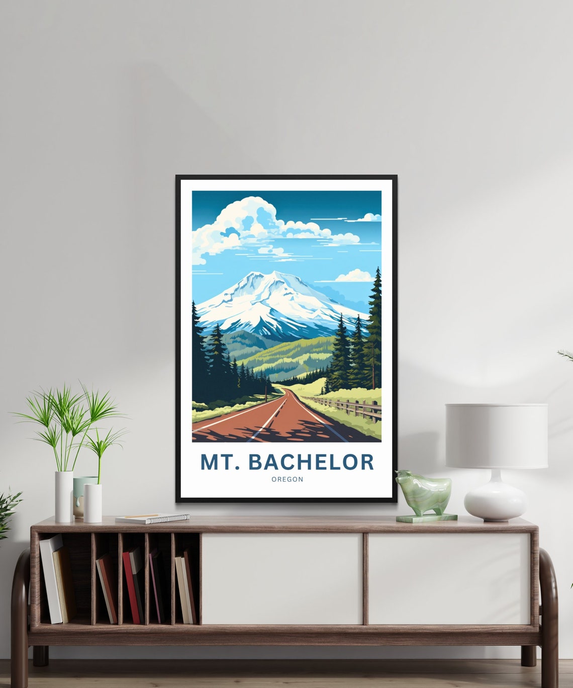 Mt Bachelor Oregon Snowcapped Peak Pine Forest Red Road Travel Poster - Image 2