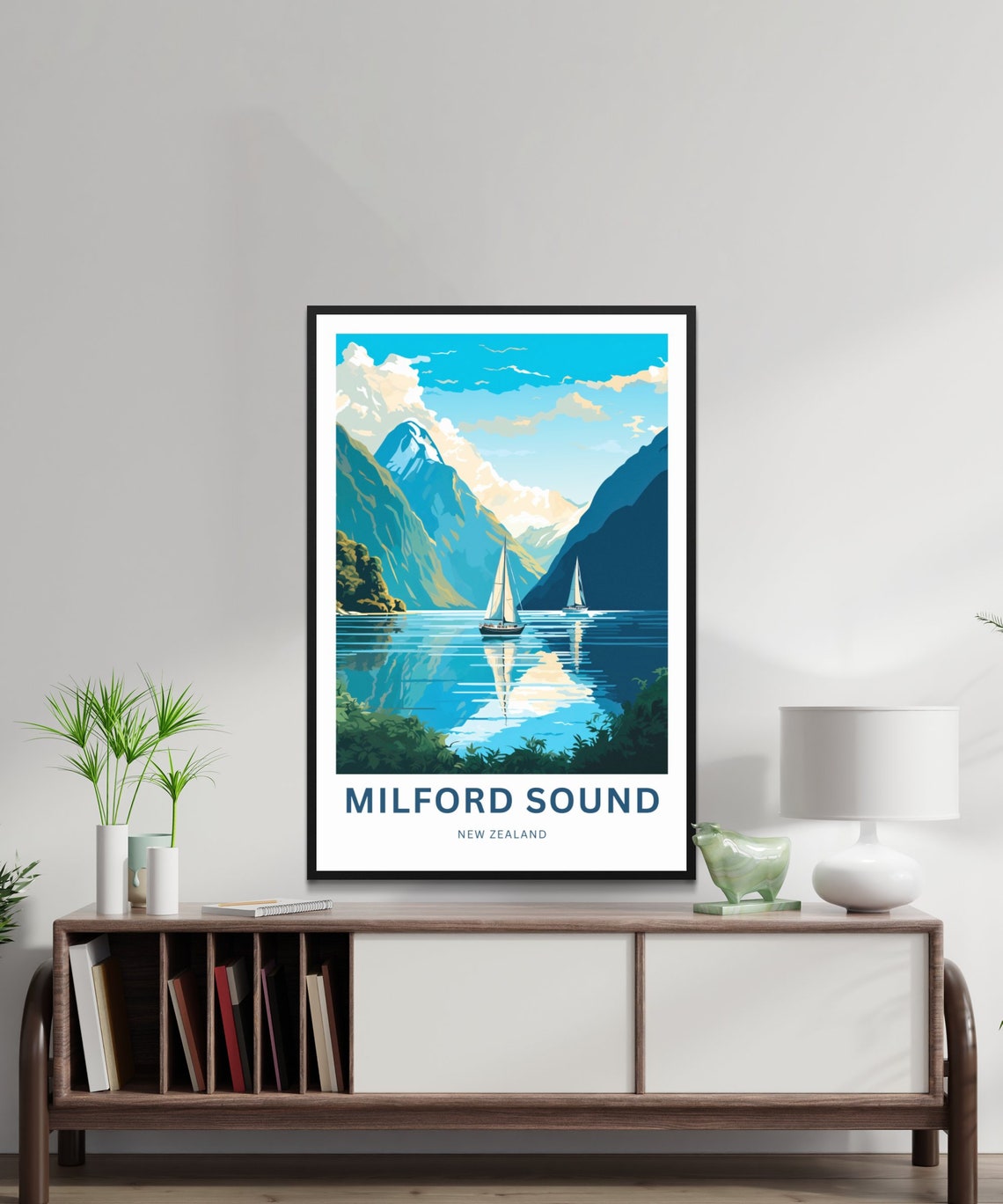 Milford Sound New Zealand Glassy Water Cliff Reflection Travel Poster - Image 2
