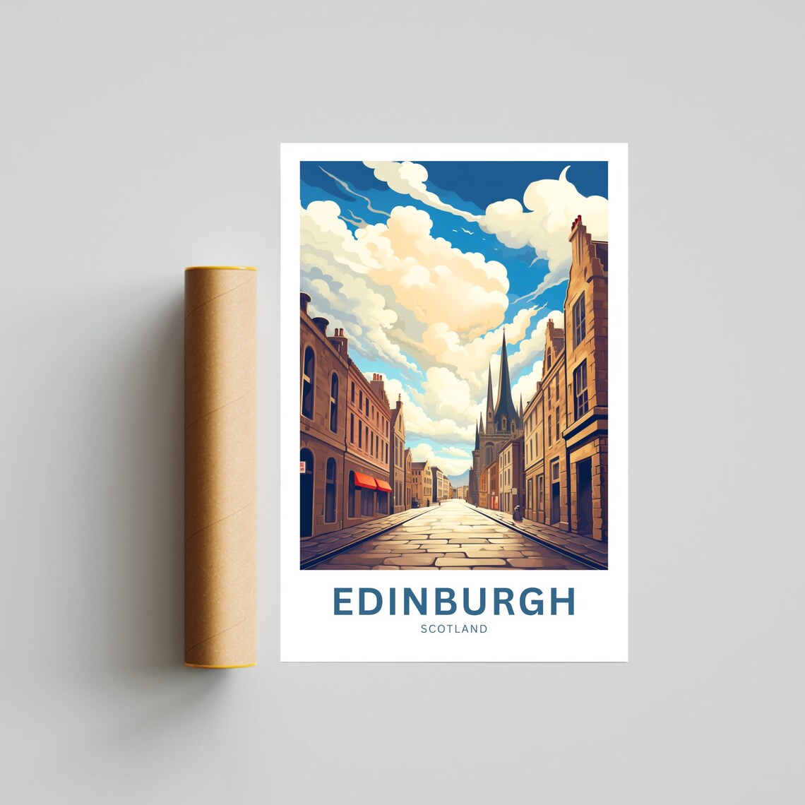 Edinburgh Scotland Cobblestone Street Church Spire Clouds Poster - Image 4