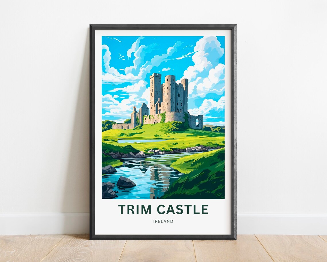 Trim Castle Ireland Ruins Hill River Rocks Vintage Travel Poster