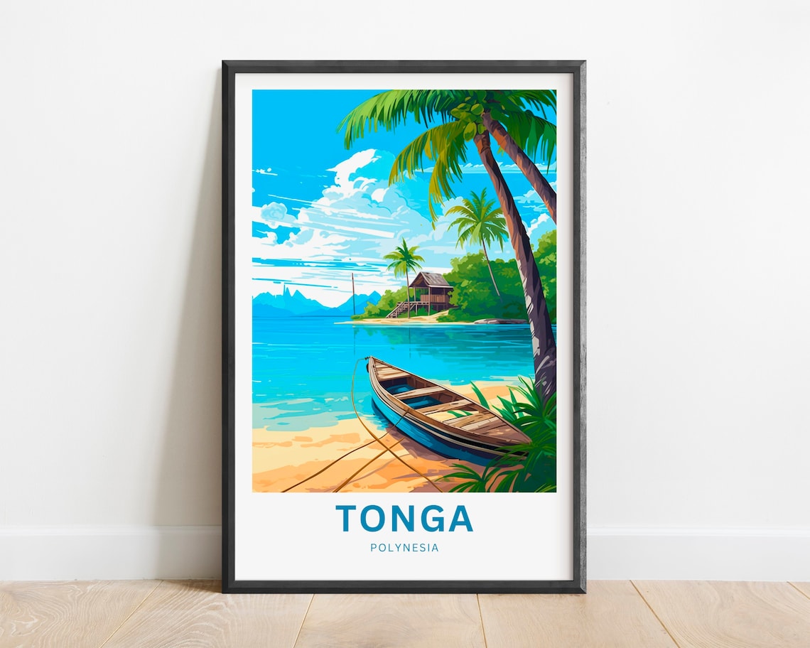 Tonga Polynesia Tropical Beach Wooden Canoe Palm Trees Travel Poster - Image 2