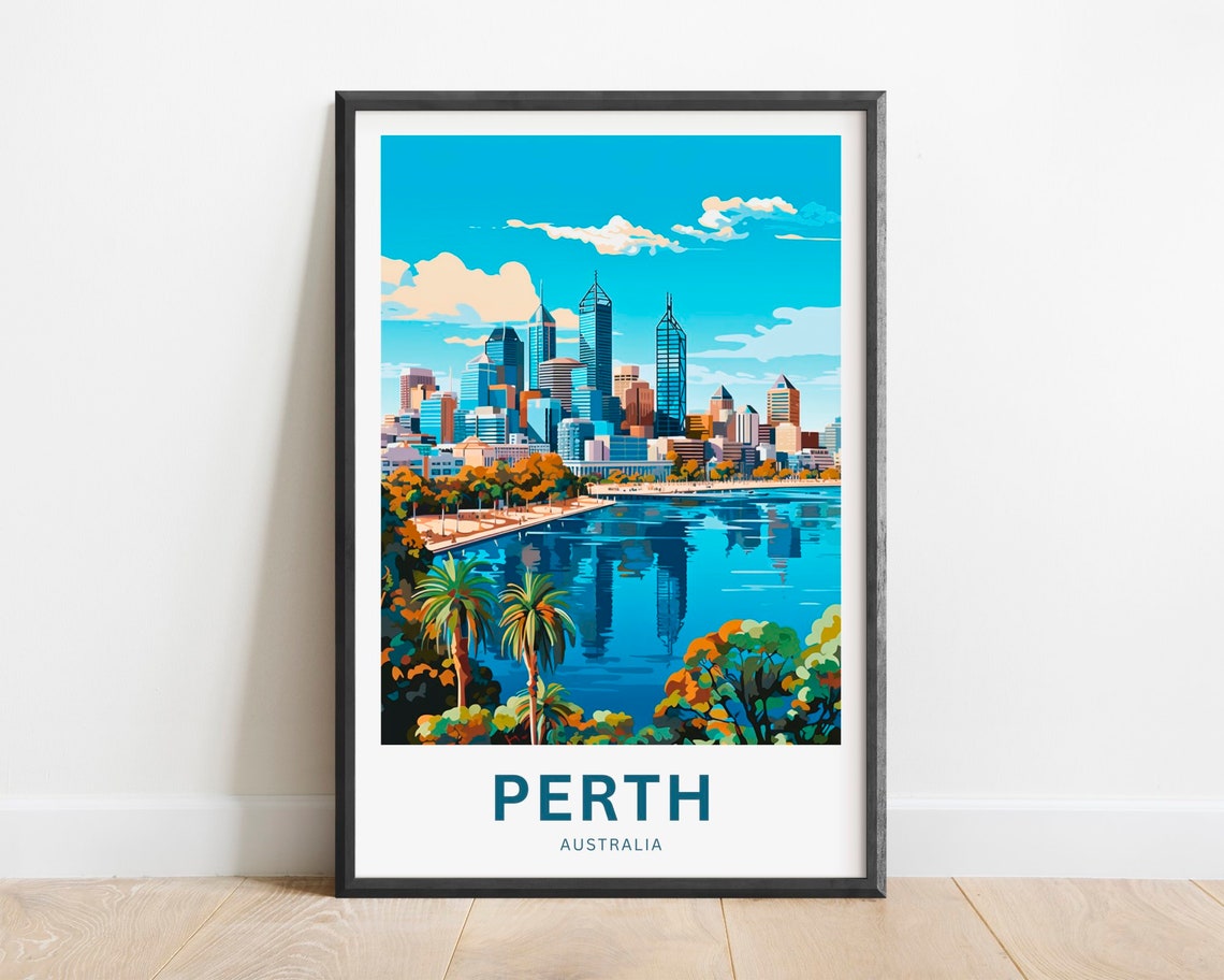 Perth Australia Skyline Waterfront Palm Sunset Travel Poster