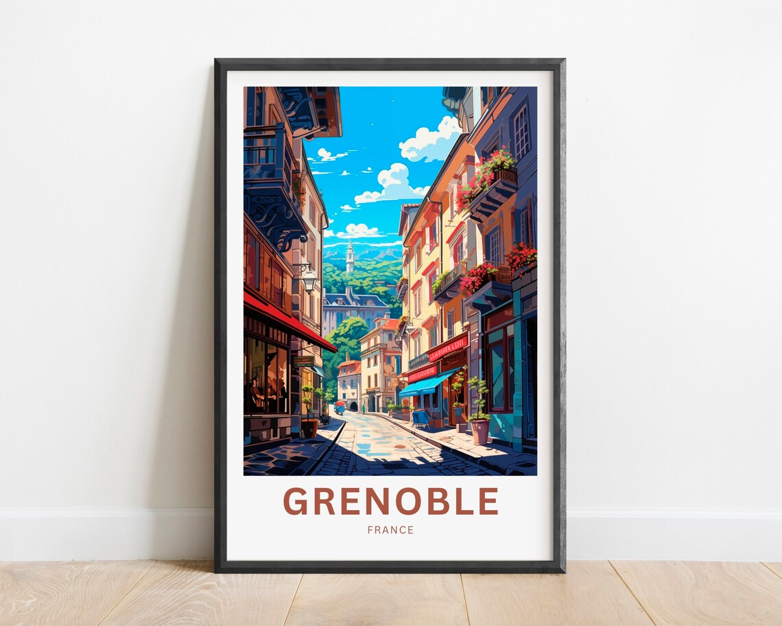 Grenoble France Charming Old Town Cobblestone Street Travel Poster