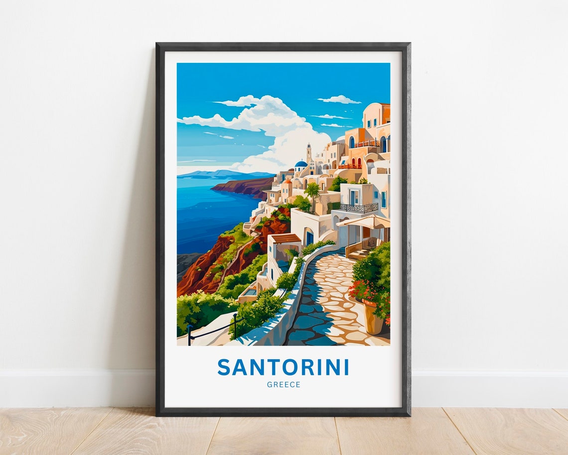 Santorini Greece Cliffside Village Caldera View Stone Path Poster