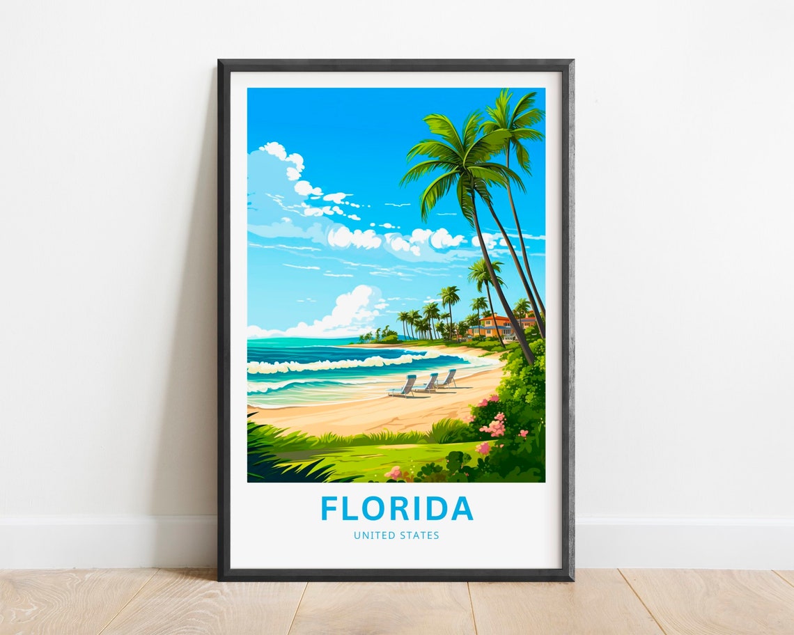 Florida Beach Travel Poster Lounge Chairs Palm Trees Waves Art