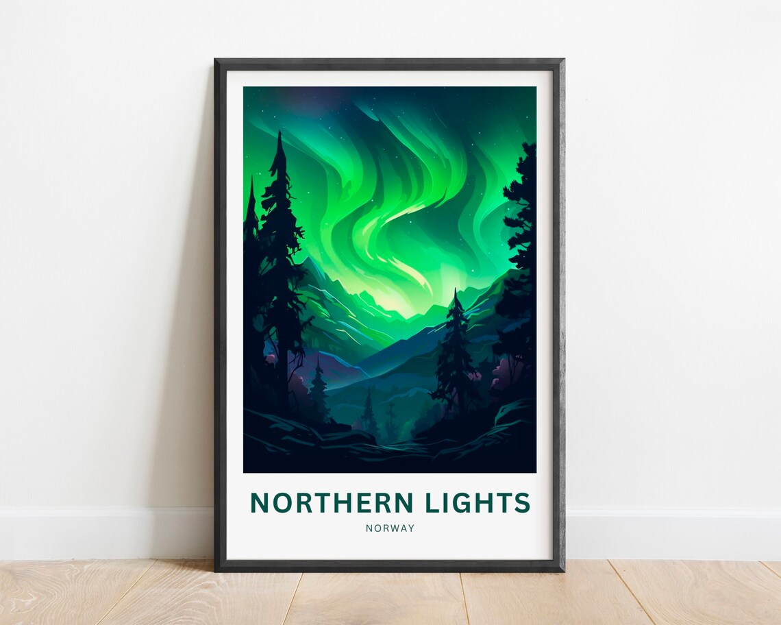 Northern Lights Norway Aurora Mountains Night Sky Travel Poster