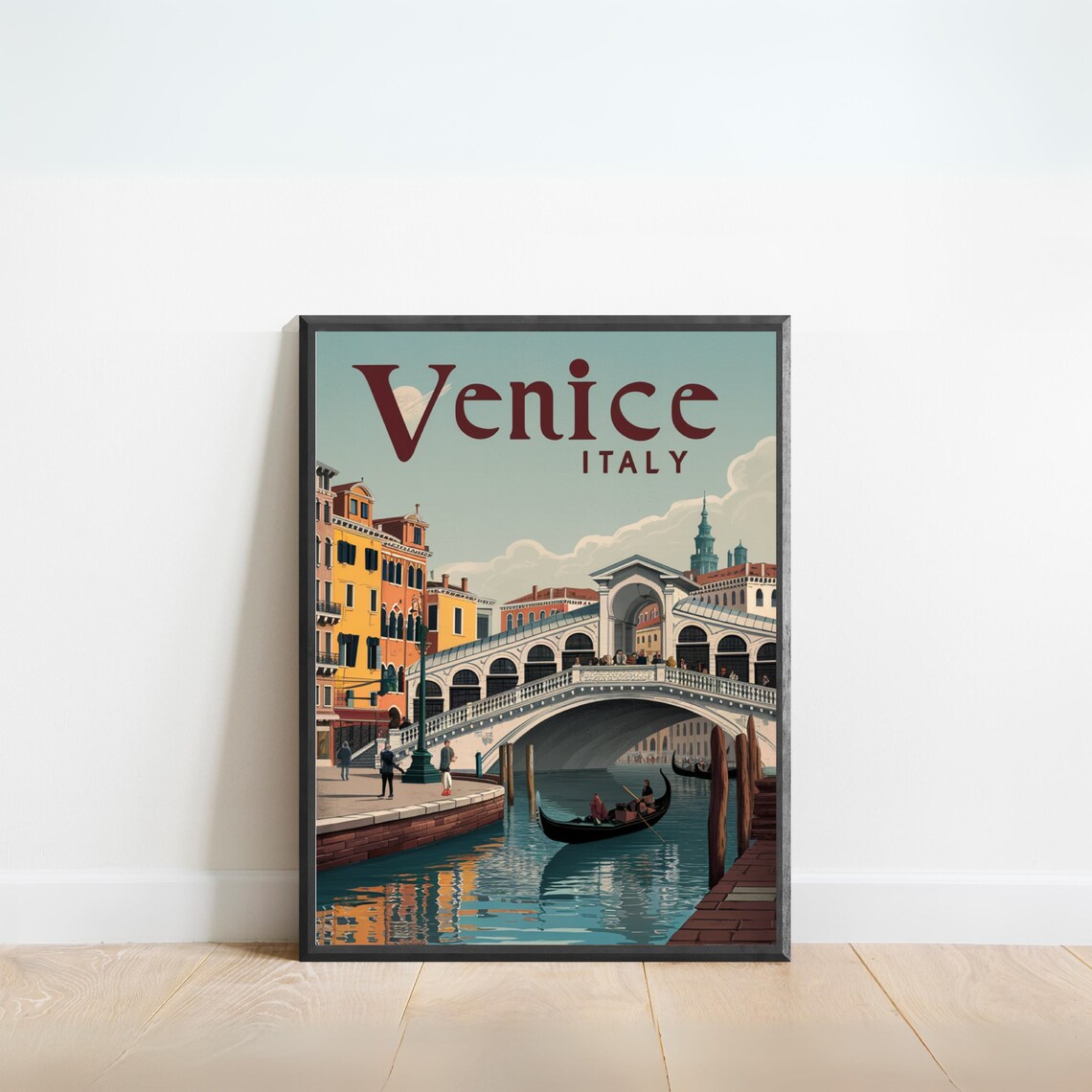 Venice Italy Grand Canal Rialto Bridge Gondolas Retro Travel Poster