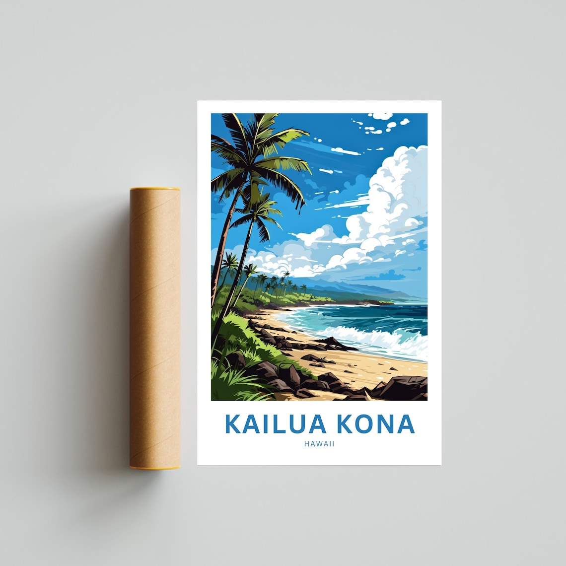 Kailua Kona Hawaii Swaying Palm Beach Golden Rocky Shore Poster - Image 4