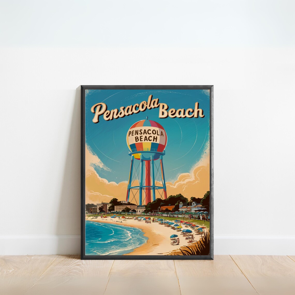 Pensacola Beach Florida Vintage Water Tower Sunset Scene Poster